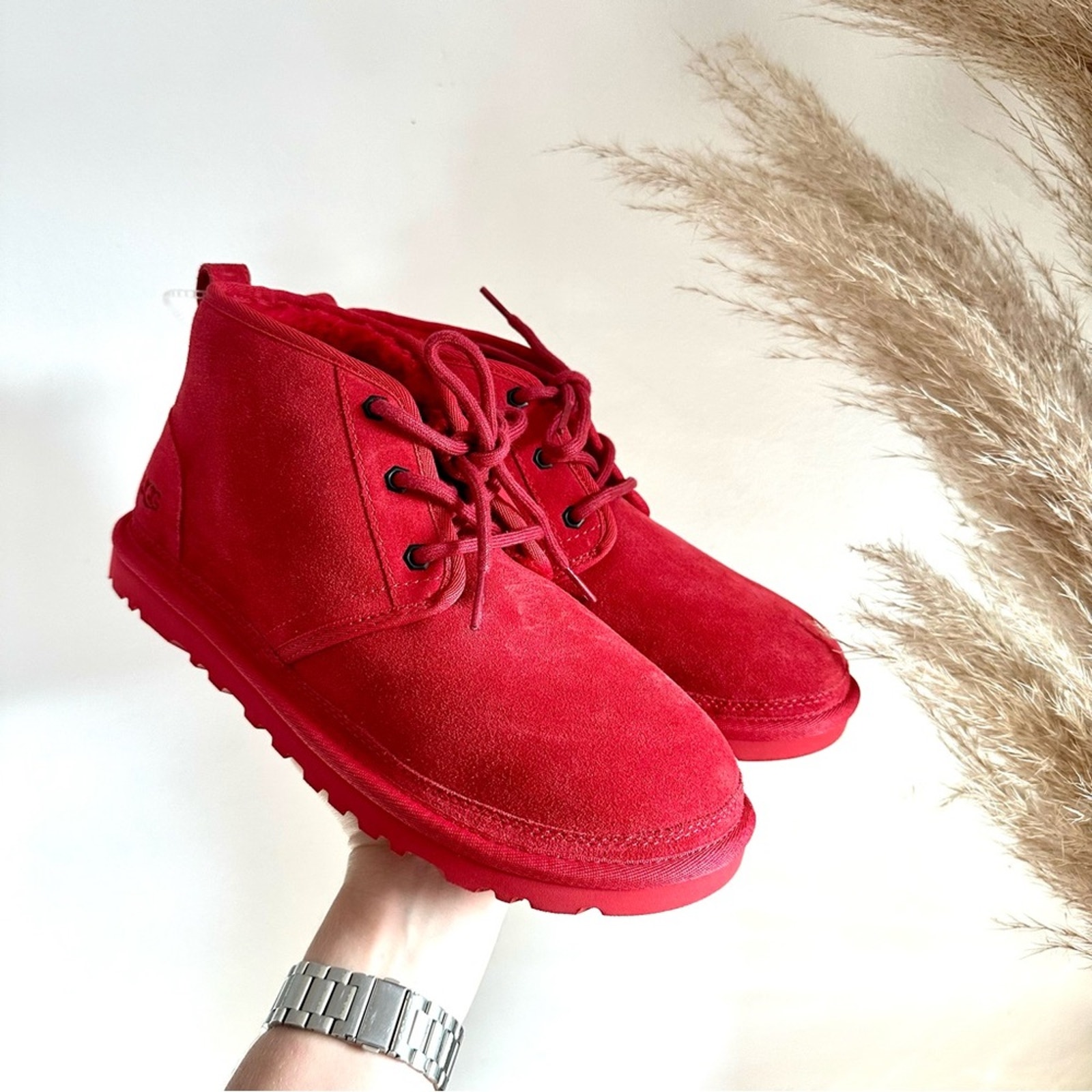 New Ugg Suede Fur Lined Neumal Boot Lace Up Chukka Ankle Booties Samba Red 10